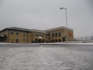 Snowy ground at Palmers Green Mosque 